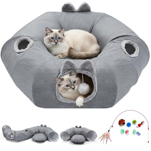 Linen Cat Tunnels with Central Cat Bed, Interactive Cat Toys Detachable Washable Soft Mat Large Indoor Play Tunnel Cave for Kittens and Small Animals - color: Linen Cool Gray