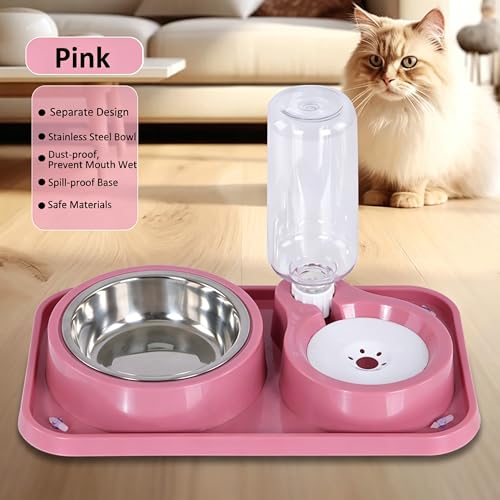 J&L VVMEET Non-Slip Dog Cat Food and Water Bowls Set with Water Dispenser | Dog Bowls Detachable Stainless Steel Bowl Gravity Pet Feeder and Waterer Set Automatic Water Refill for Cat Dog Puppy Rabbit - color: Pink, size: Water Capacity: 1000ML