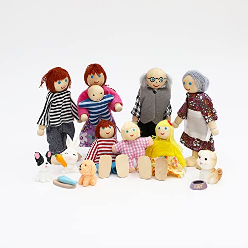 ONEST 15 Pieces Wooden Dollhouse Family Set Mini People Figures Sets Dollhouse Dolls Wooden Doll Family Pretend Play Figures Accessories for Pretend Doll House Toy - style: Cute Style