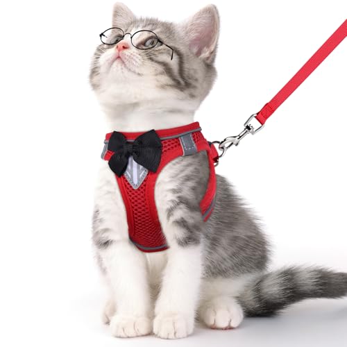 Cat Vest Harness and Leash Set, Escape Proof Kitten Harness Red S | Safe Reflective Strips, Adjustable Easy Wear Kitty Harness, Sturdy Clip Buckle, Breathable Mesh , for Kitty Puppy Bunny Walks - color: Red, size: S