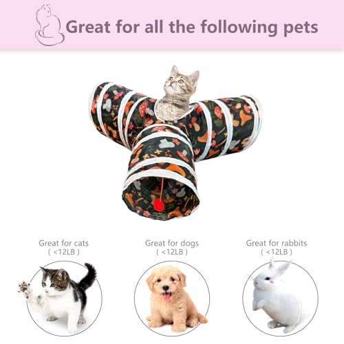 3 Way Cat Tunnel Collapsible Fun Pet Play Tube Toys for Cats, Kittens, Puppies & Rabbits - Portable Tunnel with Hanging Ball for Indoor Play, Hideout & Exercise - color: Mushroom