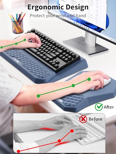 3-in-1 Ergonomic Keyboard Stand with Wrist Rest & Mouse Pad Set, Blue | Comfy Keyboard Riser Holder Soft Mousepad with Massage Design, Memory Foam and Non-Slip PU Base for Pain Relief - color: Blue