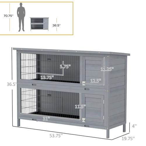 PawHut 54" 2-Story Large Rabbit Hutch Bunny Cage Wooden Pet House Small Animal Habitat with Lockable Doors, No Leak Tray and Waterproof Roof for Outdoor/Indoor Grey | Wooden Pet House, Small Animal Habitat, No Leak Tray, Waterproof Roof, for Chickens Duck