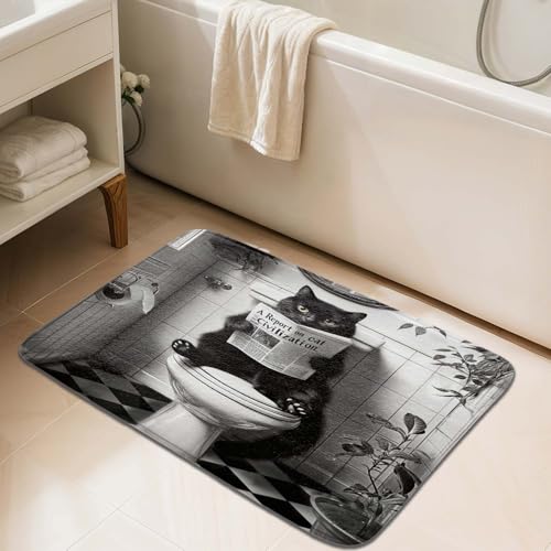 JAWO Funny Black Cat Bath Mats Rugs for Bathroom, Humorous Cat on Toilet Reading Newspaper, Black White Retro Animal Bathroom Decor, Washable Flannel Bath Shower Rug Non Slip 17X48 - color: Black, size: 17.00" X 48.00"