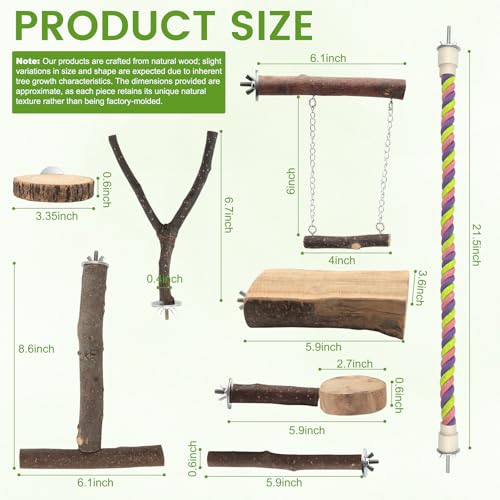 8PCS Natural Wood Bird Perches, Parrot Perch Stand & Chewing Toy with Multi-Branch & Rope, Cage Accessories for Parakeets, Conures, Cockatiels, Lovebirds, Budgies - size: Swing & Rope Set - 8PCS