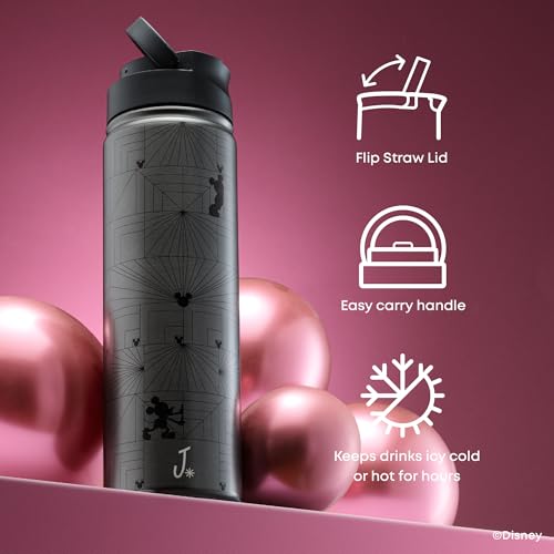 JoyJolt Disney MonoMouse Stainless Steel Water Bottle with Flip Straw Lid, 22 oz Vacuum Insulated Water Bottle, BPA-Free Tumbler ft Mickey Mouse | Black