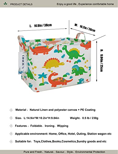 Rectangular Dinosaur Laundry Storage Bin for Adults and Kids | Damp resistant canvas fabric, sturdy stitched carry handles, foldable design organizes closet and playroom daily supplies - color: Dinosaur paradise