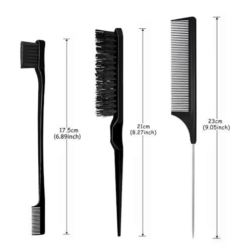 3 Pcs Slick Styling Hair Brush Set, Rat Tail Comb,Edge Bristle Brush, Teasing Brushes for Edge Back Brushing, Combing, Slicking Hair for Girls, Kids(Black）