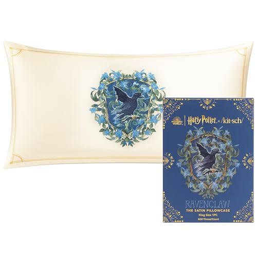 Kitsch x Harry Potter Satin Pillowcase with Zipper – Cooling & Better Than Silk Pillowcase for Hair & Skin – Double-Sided Crest Design – Kids Pillowcase King Size (19x36) - Ravenclaw - color: Harry Potter - Ravenclaw, size: King (1 Pack)