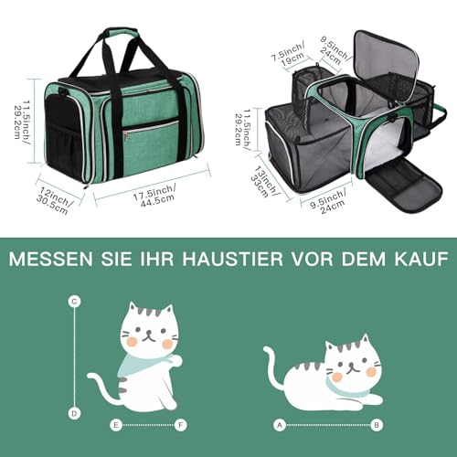 BAGLHER Cat Carrier Bag,Airline Approved Pet Carrier Soft Side Pet Travel 5 Sides Open Doors 3 Sides Expandable Foldable Dog Carrier with Fleece Pad - color: Green, size: 17.5"L x 12.0"W x 11.5"H