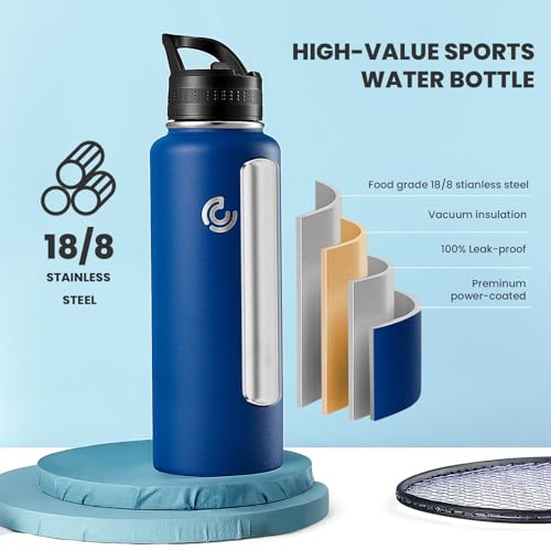 COKTIK 40oz Sports Water Bottle, Stainless Steel Water Bottle for Insulated, Reusable Travel Bottle, With Straw, With Handle Grip for Easy Carrying, Suitable for Cycling, Outdoor Vacations(Cobalt) - color: Cobalt, size: 40 Ounces