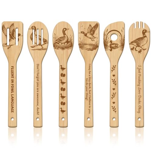GLOBLELAND 6 Pcs Duck Wooden Spoons Utensil Set Pond Duck Bamboo Carving Kitchen Cooking Utensils Wooden Engraved Cooking Spatula Sets for Kitchen Fun House Warming Gift - color: Duck