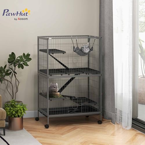 PawHut Metal Small Animal Cage, 5-Tiers Rolling Big Ferret Cage, Gray | with Hammock, Removable Tray, for Chinchilla, Sugar Glider - color: Grey, size: 31.5"L x 20.5"W x 50.5"H
