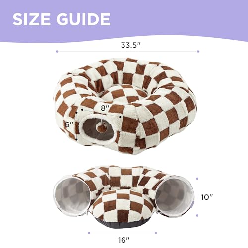 Lesure Donut Cute Jacquard Cat Tunnel Bed Kitten Toys for Puppy Bunny | 33.5x33.5x10in,Round Cat Bed Tube for Indoor Cats Rabbit Dog,Pet Peekaboo Cave Toy,Spiral Hideaway,Washable Cushion,Brown - color: Brown Checks, size: Standard (33.5"L x 33.5"W x 10"H