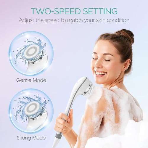 VOYOR Electric Body Brush Back Scrubber for Shower Rechargeable BC100, Grey | Exfoliating Bath Brush Powered Shower Brush with Non-Slip Long Handle Deep Cleansing, Exfoliation, Massaging Spin Brush - color: Grey
