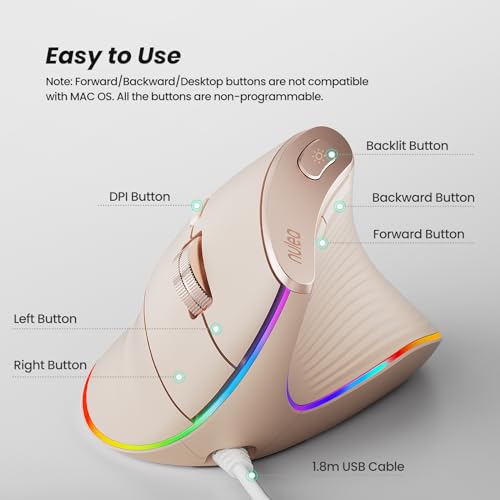 Nulea M504 Wired Vertical Mouse, USB Ergonomic Optical Mouse with 4 Adjustable DPI, 11 RGB Backlight Modes, Compatible for Laptop, PC, Desktop, Mac, Pink - color: D-Pink
