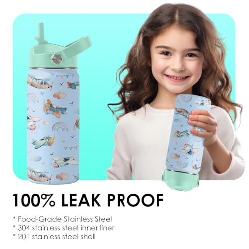 Airplane Gifts - 16oz Kids Blue Airplane Water Bottle with Straw Lid, Stainless Steel Insulated Tumbler, Leakproof, BPA-Free, for Boys, School, Travel - Helicopter Pilot Lovers Birthday Gift Cup (1pc) - color: Helicopter, size: 16 Ounces