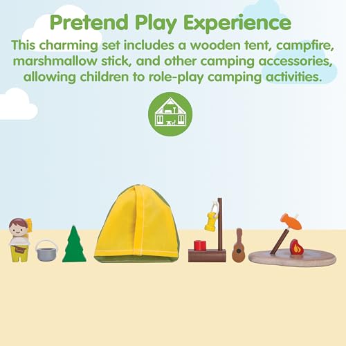 PlanToys Pretend Play Camping Set (6624) | Sustainably Made from Rubberwood and Non-Toxic Paints and Dyes | wooden camping play set, montessori imaginative role play, social skill development, open-ended adventure toys, kids toy - color: Toy
