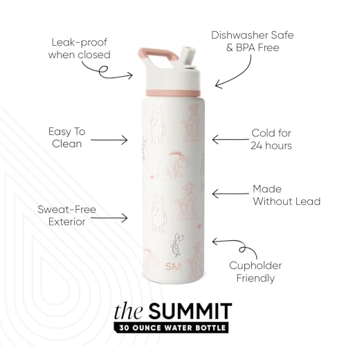 Simple Modern Disney Winnie the Pooh Water Bottle with Straw | 30oz | Summit Stainless Steel Water Bottles, Insulated Metal Cup | Leak Proof for School, Gym, Travel, Sports | Doodles - color: -Disney: Winnie the Pooh Doodles, style: 30oz Water Bottle