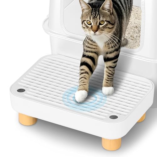Litter Box Step, Litter Box Ramp/Catcher with Wooden Base, Anti-Tracking & Easy to Clean, Ideal for Small & Elderly Cats (White) - color: White