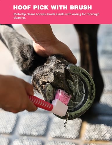 Horse Grooming Kit, 9 Piece Grooming Brush Set with Silicone Curry Comb for Bathing & Shedding Pink Garnet - color: Pink Garnet