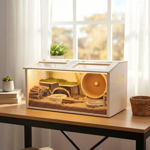 Wooden Hamster Cage Chewproof, Large Hamster Cages and Habitats, Small Animal Habitat with with Double Openable Acrylic Sheet Doors for Gerbil, Degus Mice, Guinea Pig, Rat& Other Small Pets（32in）
