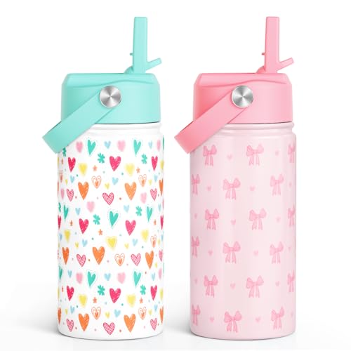 SANDJEST Kid Water Bottle 12oz with Straw Lid - 2-Pack Insulated Stainless Steel Water Bottles for Kids Girls - Travel Cup for School Sports, Bow & Heart - color: Heart + Bow (2 Pack)
