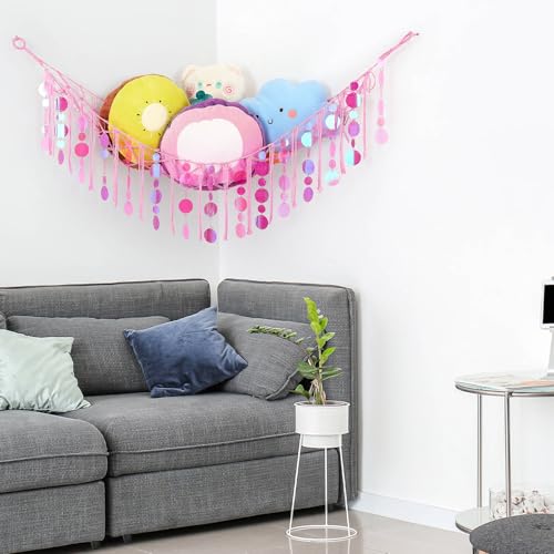 FIOBEE Stuffed Animals Hammock Net Toy Storage Organizer with LED Light, Stuffed Animals Storage Girls Room Décor Wall Hanging with Sequins for Kids Bedroom Nursery Playroom, Light Pink