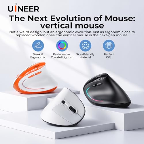 Uineer Vertical Ergonomic Mouse, Wireless Bluetooth Mouse, 3-Device | Switch among 3 devices via dual Bluetooth and 2.4G; rechargeable with 7-color ambient lighting. - color: Orange