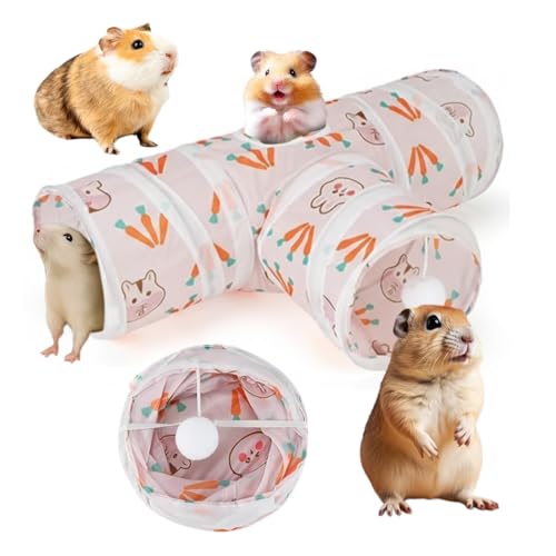 Tunnels with 3-Way Entrance - Cozy, Washable Guinea Pig Hideout - Interactive Cage Toys (Pink Hamsters) - color: Pink Hamsters