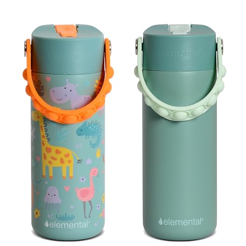 Elemental 100% Leak Proof When Spout is Closed Insulated Kids Water Bottle, Stainless Steel Bottle for School with Straw Lid & Pop-It Handle, Safari & Sage -18oz (2 Pack) - color: Safari and Sage