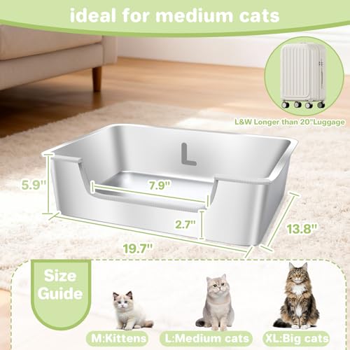 Low Entry Litter Box for Senior or Disabled & Injured Cats, Stainless Steel High Sided Enclosed Easy Step in Entry-Metal Kitty Litter Box for Kittens, Odor Control (19.7”x13.8”x5.9”) - size: L-19.7"x13.7"x5.9"