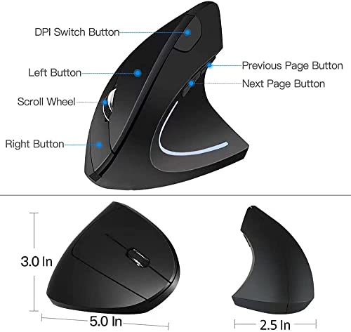 Ergonomic Mouse, 2.4G Optical Wireless Vertical Mouse with 6 Buttons - 3 Adjustable DPI 800/1200/1600 for Laptop, PC, Computer, Desktop, Notebook etc, Specially for Right-handers - color: Black - Right Hand - Battery