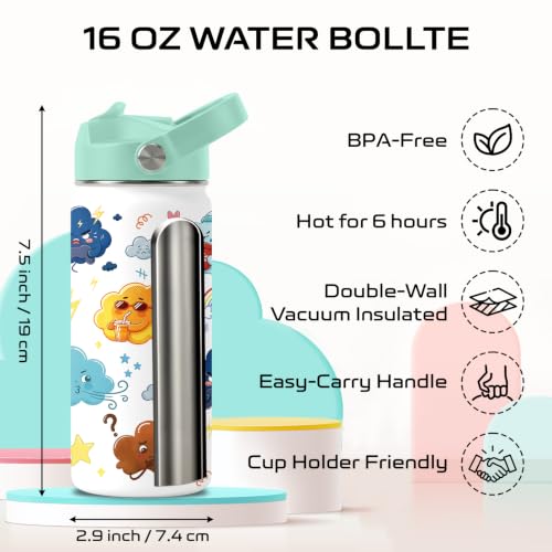 Cloud 16 oz Water Bottle with Straw – Kids Stainless Steel Vacuum Insulated Cup, Leakproof Straw Lid, Reusable Travel Mug for Boys and Girls Outdoor Sports - color: Cloud1
