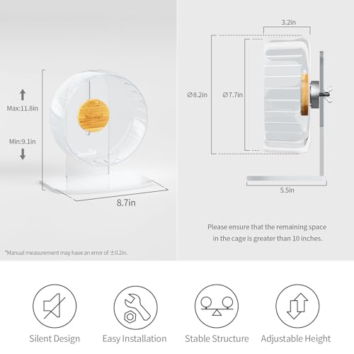 Niteangel Super-Silent Hamster Exercise Wheel: Quiet 8.2 inch Running Wheel | Can 9.1-11.8" Adjustable Height - No Bend Back Spinner Running for Dwarf Syrian Hamster Gerbils Mice Or Other Small Animal - color: Transparent, size: Small