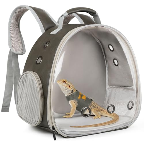 Bearded Dragon Carrier Backpack with Security Printing Harness Leash and 3-Sized Harness Set, Reptile Lizard Travel Guinea Pig Bunny Kitten Travel Carry Bag to Transport (Grey, PU Leather) - color: Grey