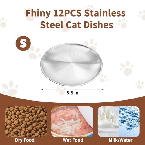 Fhiny 12-Piece Stainless Steel Cat Dish Set, 5.5" Wide, Shallow Kitten Feeding Plate, Basic Small Pet Bowl, Metal Flat Dish for Stray Cats & Dogs