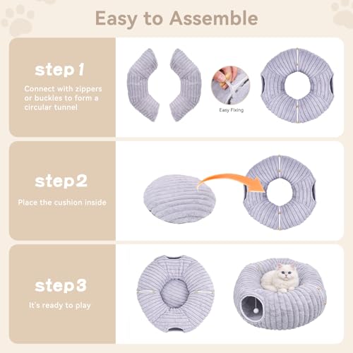 Dogpals Cat Tunnel Bed Cave 33" Lx10 Wx10 H for Indoor Cats(Grey) | Washable Cozy Cushion, Soft Striped Plush Fabric, Hideaway Peekaboo Cave for Kittens, Puppies, Rabbits & Small Pets - color: Grey