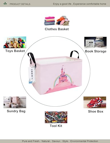 Rectangular Pink Castle Princess Closet Bedroom Storage Bin | Waterproof stain-proof cotton canvas, reinforced side grips, fairy castle print for girls, daily sundry arrangement - color: REC Pink Castle