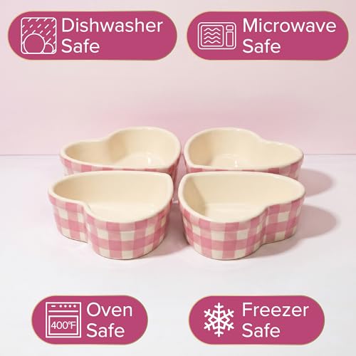 Paris Hilton Heart Shaped Ramekins Oven Safe, 4-Piece Mini Ceramic Ramekin Set, Stoneware Baking Dishes, Microwave, Dishwasher & Freezer Safe, Gingham Design, 3-Ounce, Pink