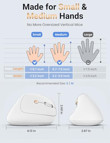 Ergonomic Vertical Wireless Mouse, 57°, Small/Medium Hands, White | Rechargeable, Quiet Click, 800/1200/1600 DPI, 2.4GHz USB Receiver, Forward/Back Buttons, Computer Mouse for Laptop PC Mac - color: White