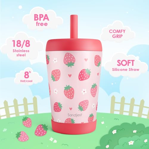 SANDJEST Kids nsulated Stainless Steel Tumbler with Silicone Straw, 12 Ounces, Pack of 2 for Boys, Birthday Back to School (Bow + Strawberry) - color: Bow + Strawberry