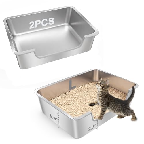 2-Pack Low Entry Litter Box for Senior Disabled & Injured Cats, Stainless Steel High Sided Enclosed Easy Step in Entry-Metal Kitty Litter Box for Kittens, Odor Control (19.7"x13.8"x5.9") - size: 2PACK-19.7"x13.7"x5.9"-L