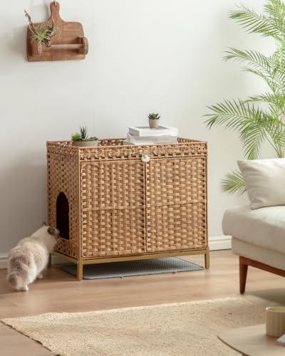 SETVSON Litter Box Enclosure Furniture with Divider, Cat Cabinet, Natural | Handwoven PE Rattan with Soft Litter Mat, 3.54-In Heightened Metal Feet, 2 S-Hooks, 31.2 x 19.6 x 24.2 In Spacious - color: Natural