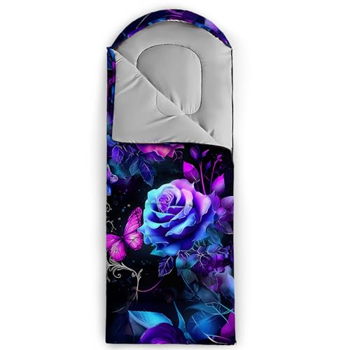 QOOMO Camping Sleeping Bags,3 Season Warm & Cool Weather,Lightweight,Waterproof Sleeping Bags for Adults & Kids,Traveling,and Outdoors,Camping Gear Equipment - color: Purple Butterfly Rose 4