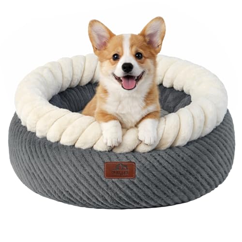 Hollypet Round Cat Bed Small Dog Beds with Detachable Cushion, Gray | Cat Bed for Indoor Cats Washable Fluffy Small Dog Bed Cozy Plush Pet Beds with Non-Slip Bottom for Pets up to 22 lbs - color: Gray and White