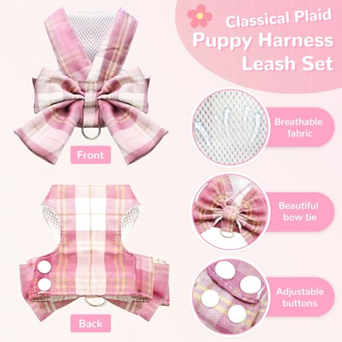 Cute Dog Harness and Leash Set with Bow Tie Soft Mesh Plaid Girl Puppy Harness No Pull Pet Cat Dog Vest Harness for Small Dogs Chihuahua Rabbit Outfit (Pink,XXL) - color: Pink, size: XXL(Chest 18"-21")