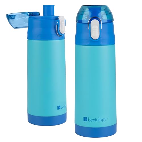 Bentology Stainless Steel 13 Oz Reusable Water Bottle for Kids, Blue | Double Wall Insulated, Spill Proof Lid W/Built-in Straw- Keep Liquids Hot or Cold- Easily Fits in Lunch Boxes & Bags - color: Blue
