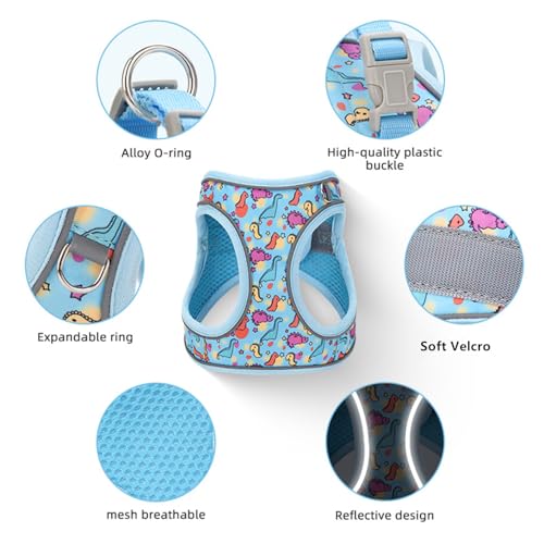 Step in Dog Harness No Pull Dinosaur Adjustable Soft Mesh Harness | Reflective Pet Vest Harness and Leash Set for Small Medium Dogs - color: Green, size: S(neck:10.5"-12",chest:13.5"-16")