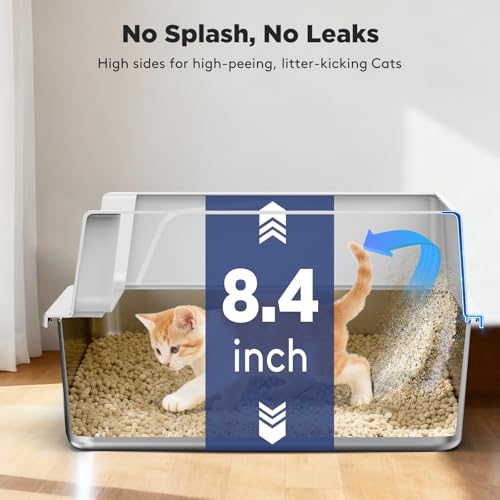 FURTIME 2 Pack Stainless Steel Cat Litter Box with Lid, Metal Kitty Litter Box for Small Cats, Kitten Litter Boxs with Non-Sticky, Anti-Leakage, Easy to Clean, 17"x13"x8.4" (Small) - color: Silver
